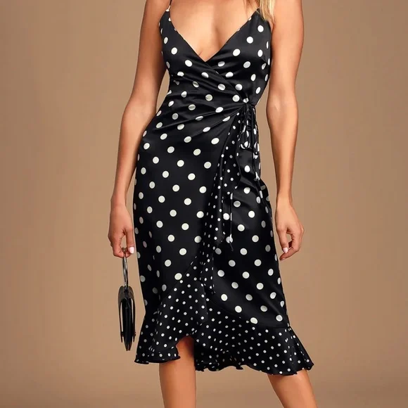 LULUS Polka Dot Satin Wrap Dress NWT - Picture 8 of 10